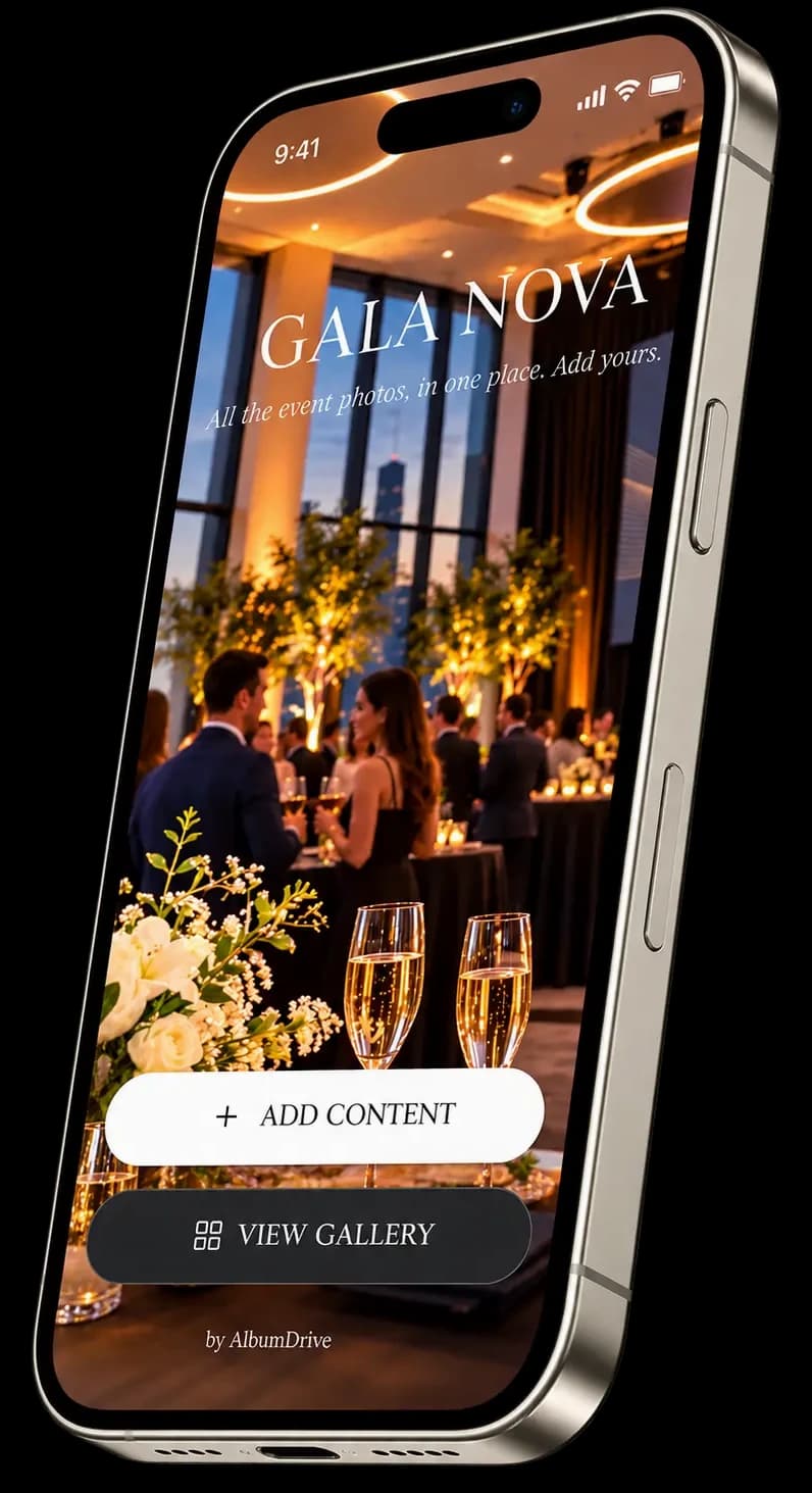 AlbumDrive corporate event interface — professional photo collection via QR code