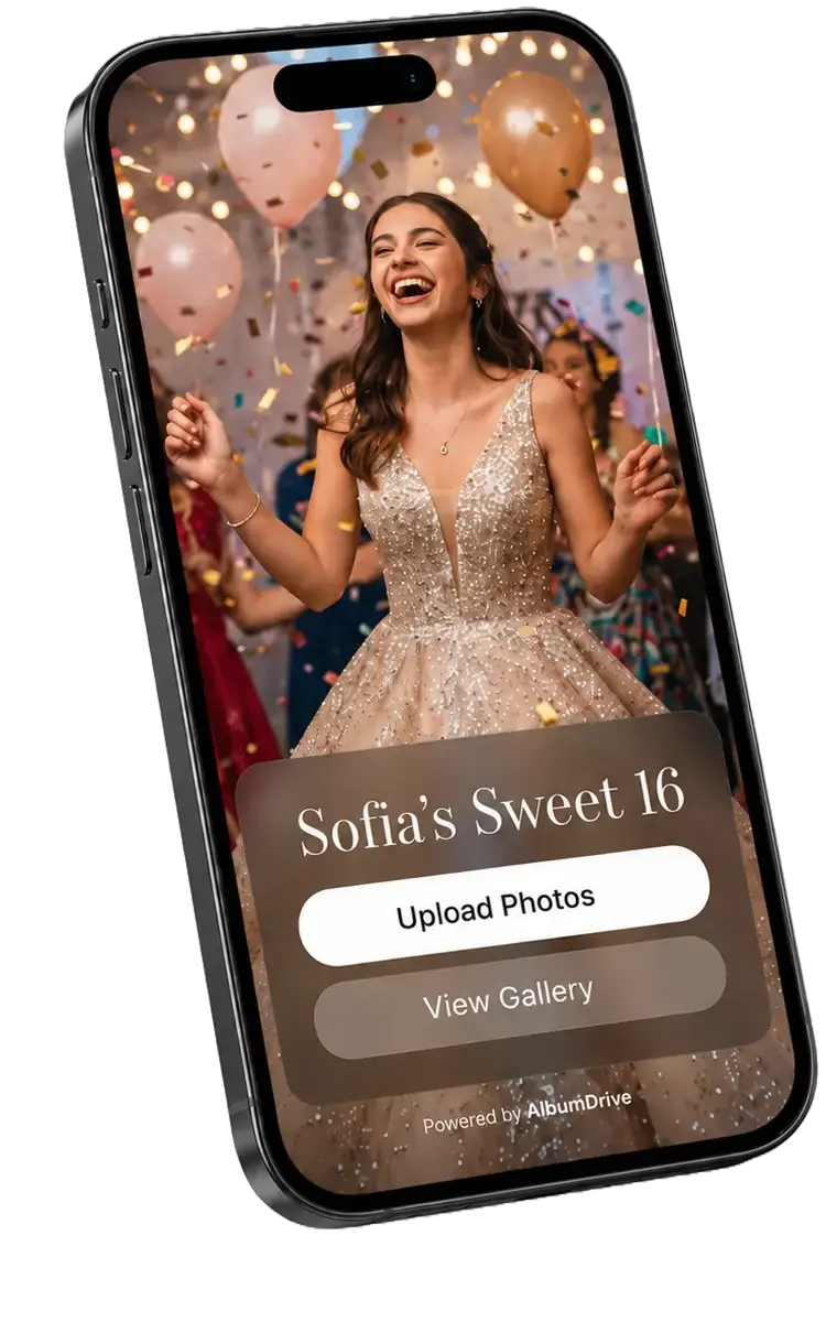 AlbumDrive birthday photo album interface — share party photos with QR code
