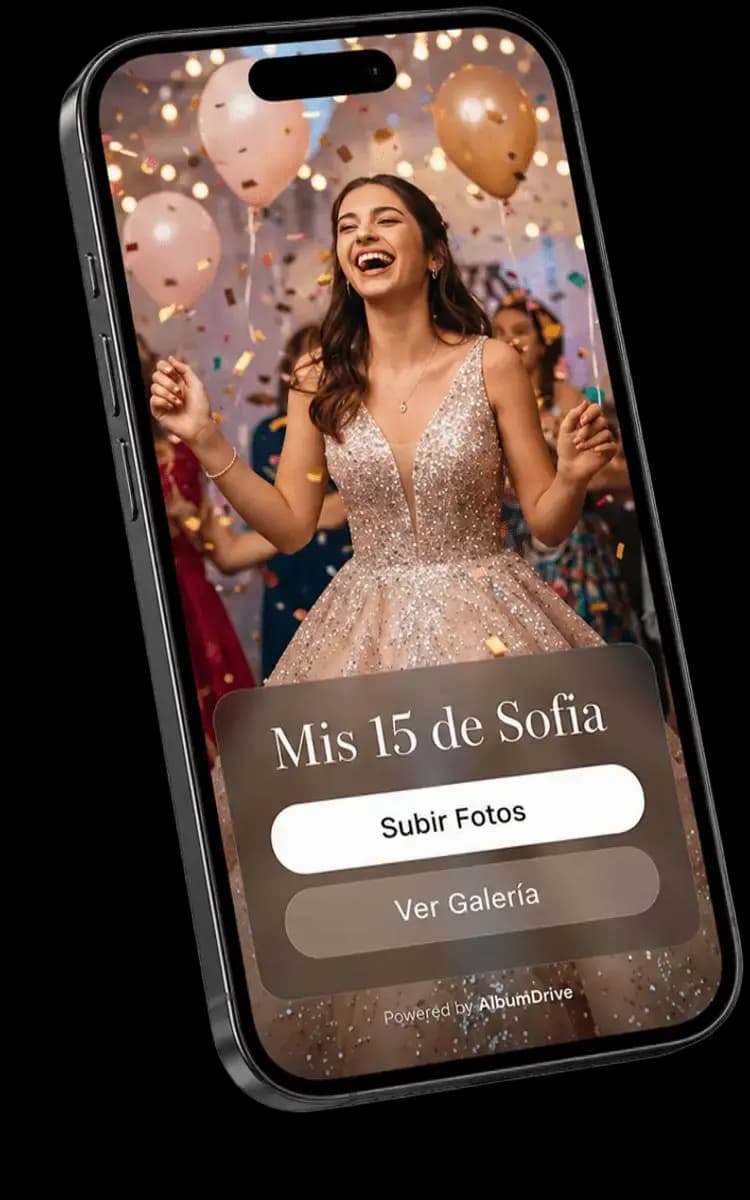 Interfaz de AlbumDrive para cumpleaños — compartir fotos de fiesta con QR