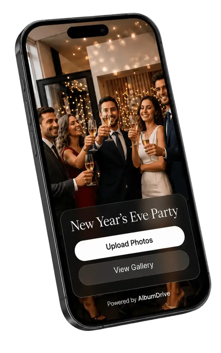 AlbumDrive corporate event interface — professional photo collection via QR code