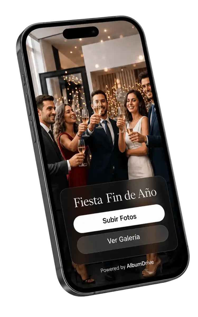 Interfaz de AlbumDrive para eventos corporativos — recopilación profesional de fotos con QR