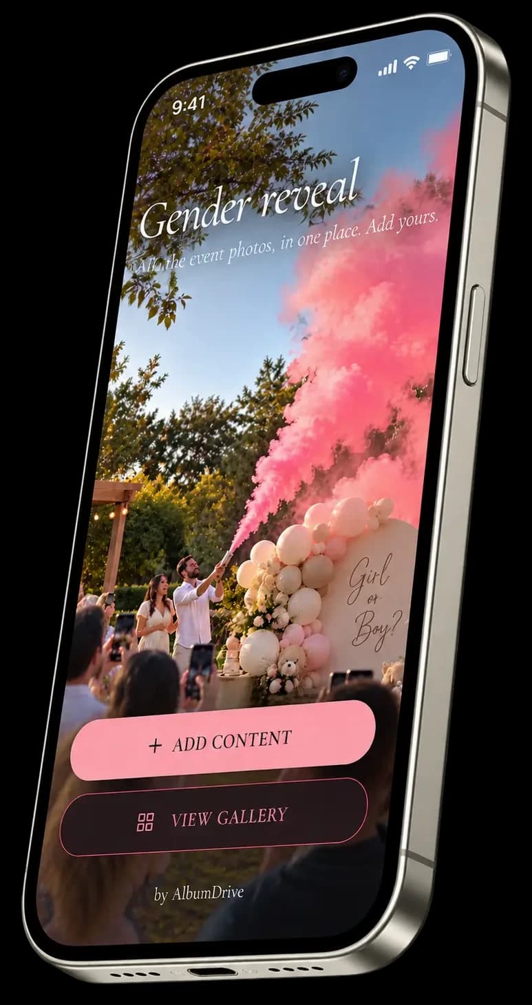 AlbumDrive interface for celebrations — share gathering photos with QR