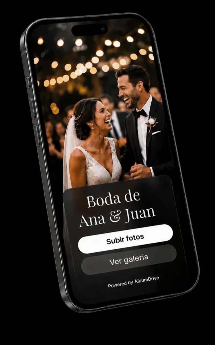Interfaz de AlbumDrive — Compartir fotos con QR en bodas y eventos
