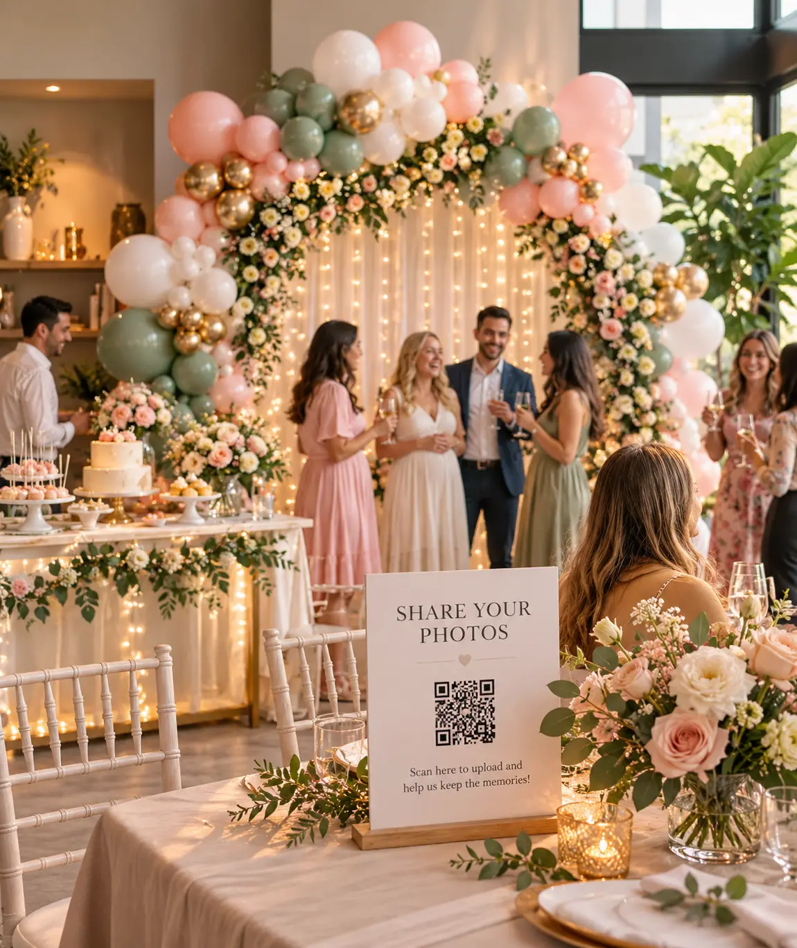 Tavolo di festa con QR code AlbumDrive per condividere foto