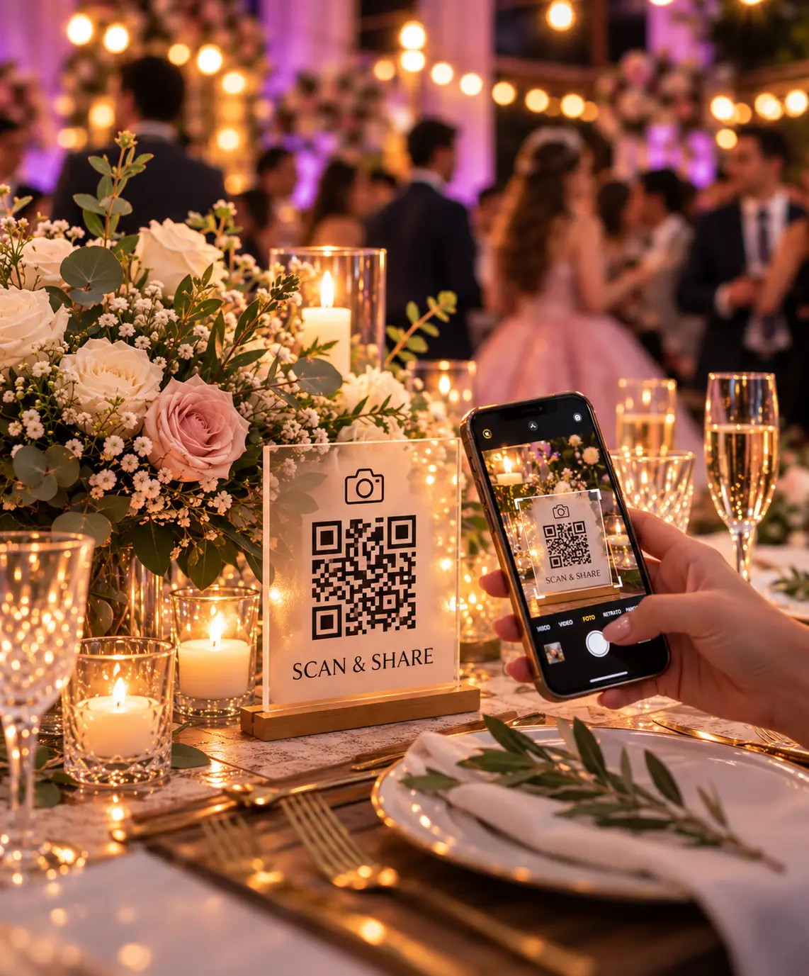 Tavolo di matrimonio con QR code AlbumDrive per condividere le foto