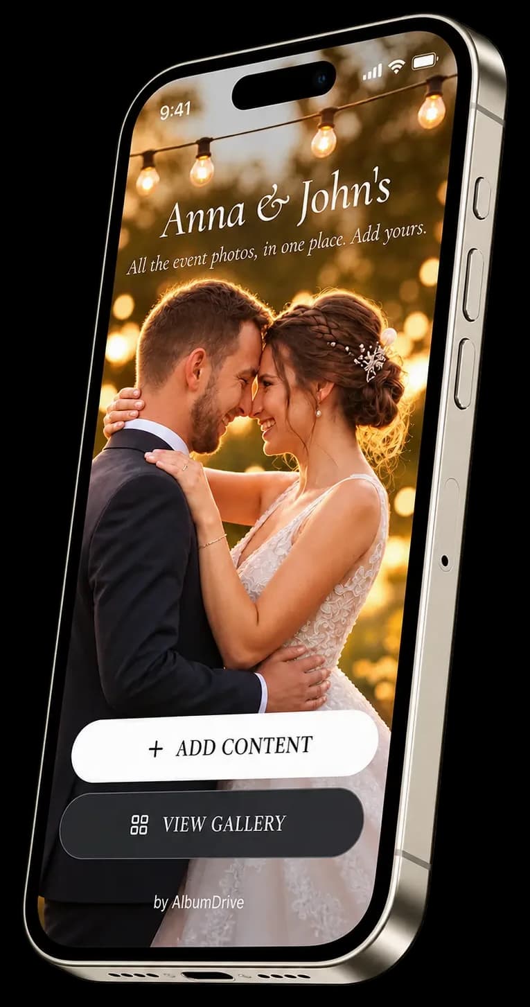 Interfaccia dell’app AlbumDrive — condivisione delle foto di matrimoni ed eventi tramite QR code